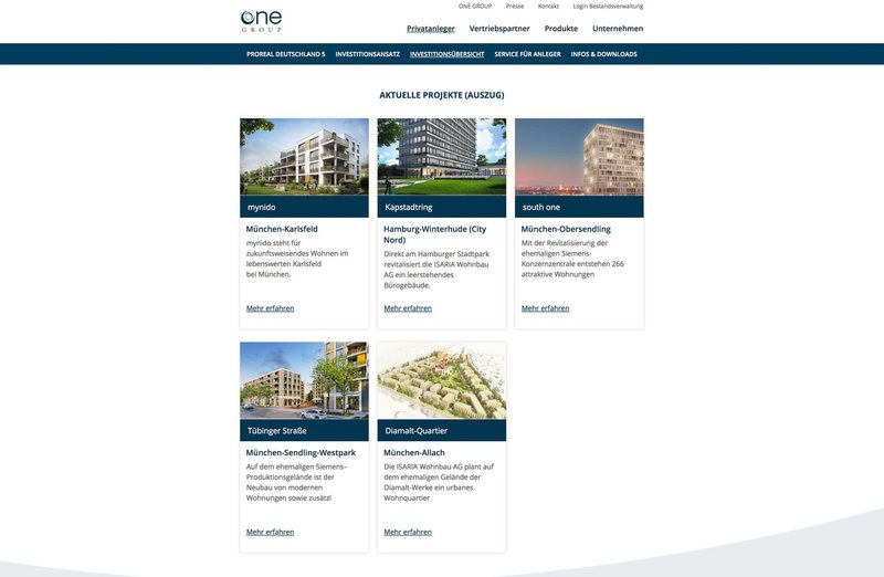 OneGroup Website Investiotionsübersicht Seite